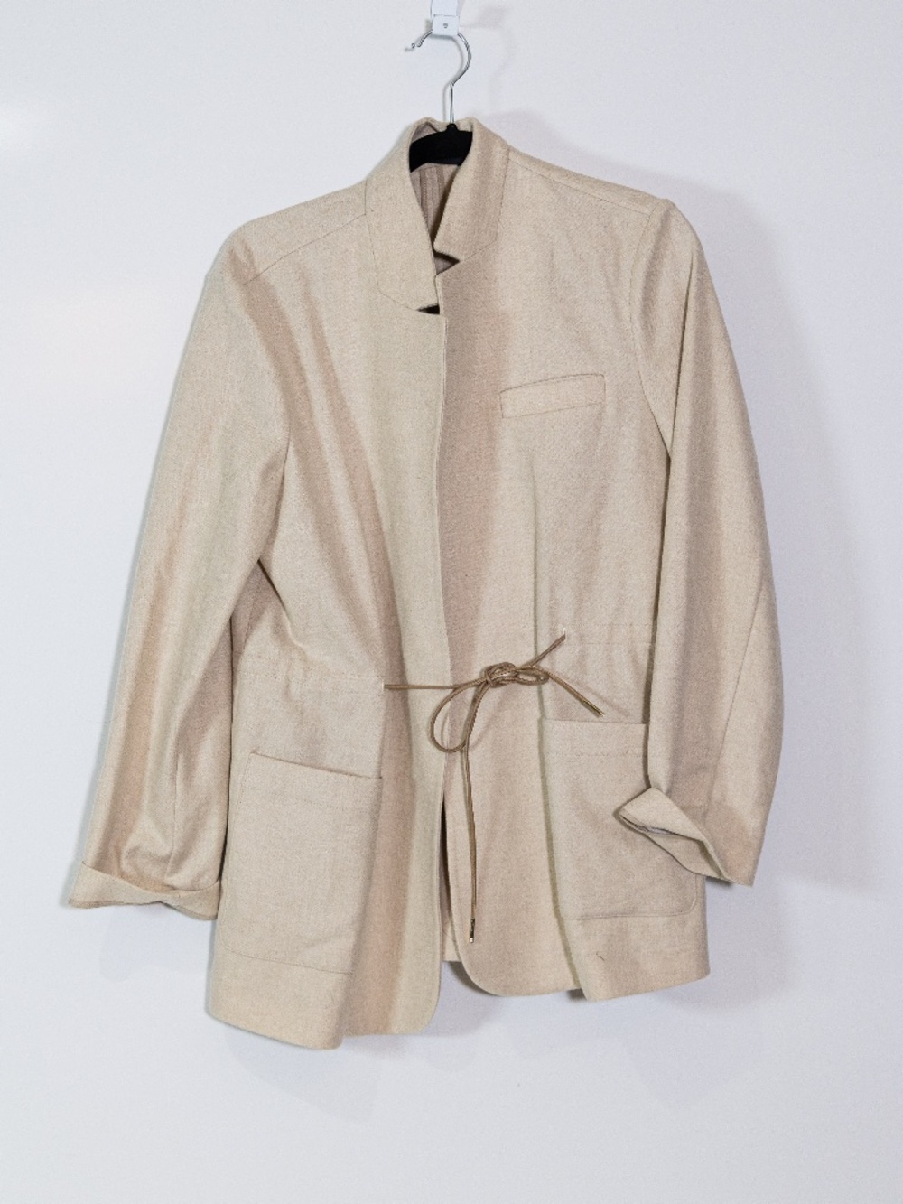 Jenni Kayne Scout Wool Felt Woven Stand Collar Cinch Waist Cardigan Jacket Tan